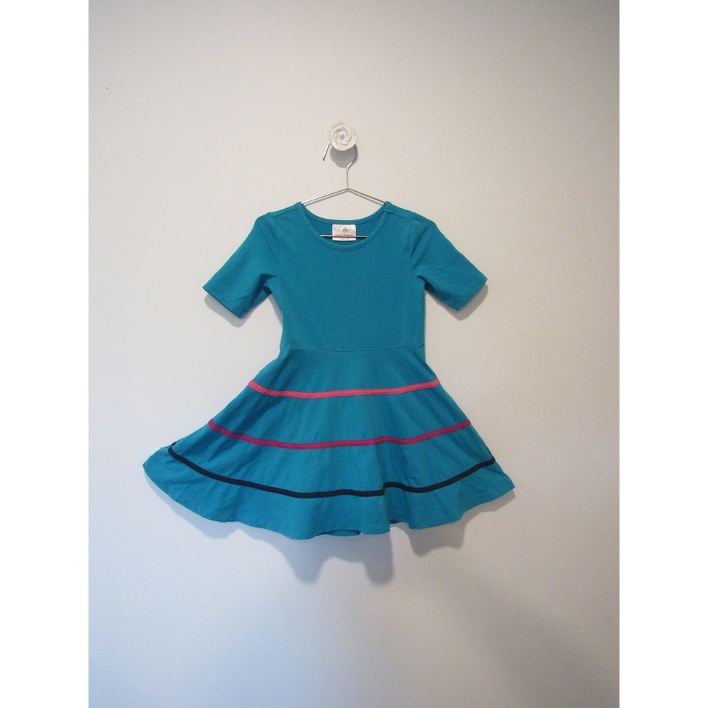 Hanna Andersson Kids Teal Blue Striped Twirly Skater Dress Size 100 42299 GW